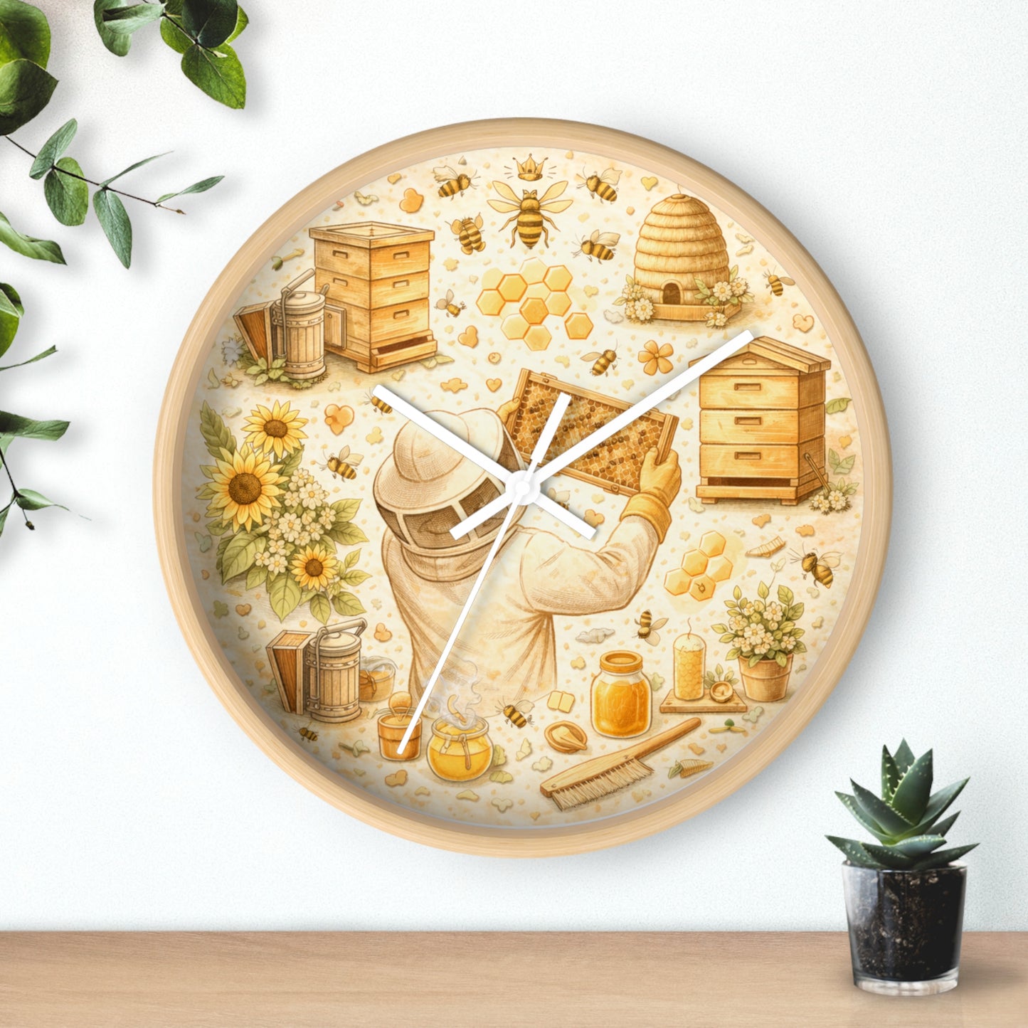 Beekeeper Pattern Wall Clock | Honeybee, Hives, Sunflowers, Honey Jars