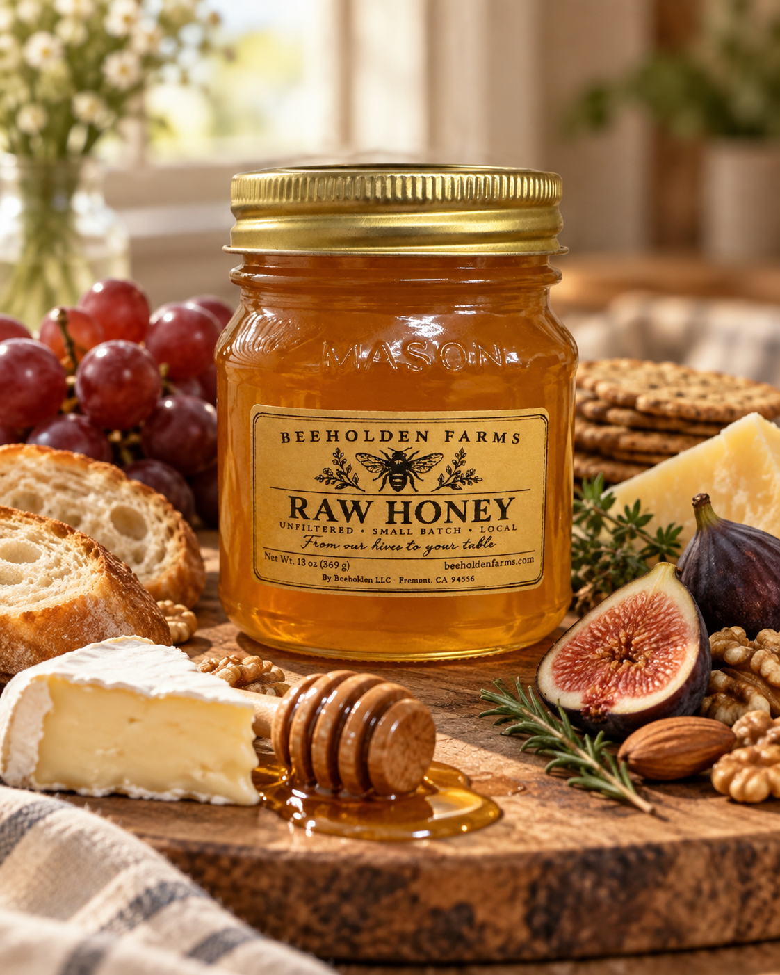 13 oz jar of Beeholden Farms raw unfiltered honey from Fremont, California