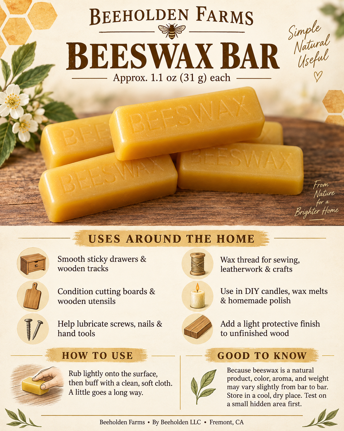 Pure beeswax bar from Beeholden Farms, view 6