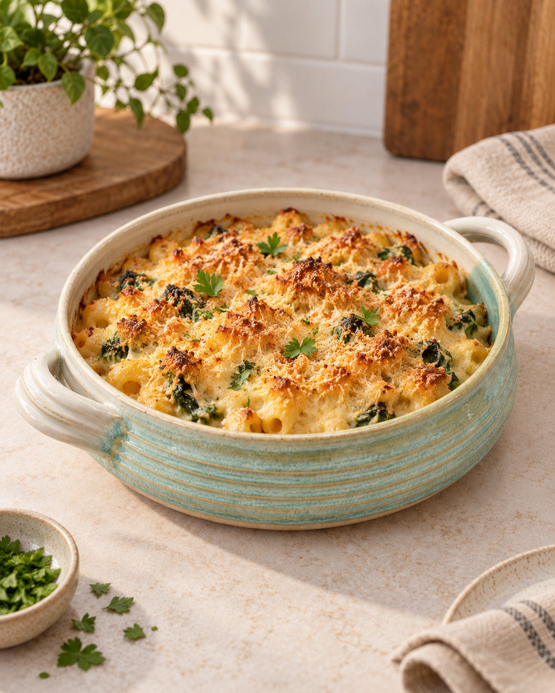 Side view of the CoastalClayCo casserole dish showing soft aqua glaze over ribbed sides, a ribbed handle and a raw clay foot
