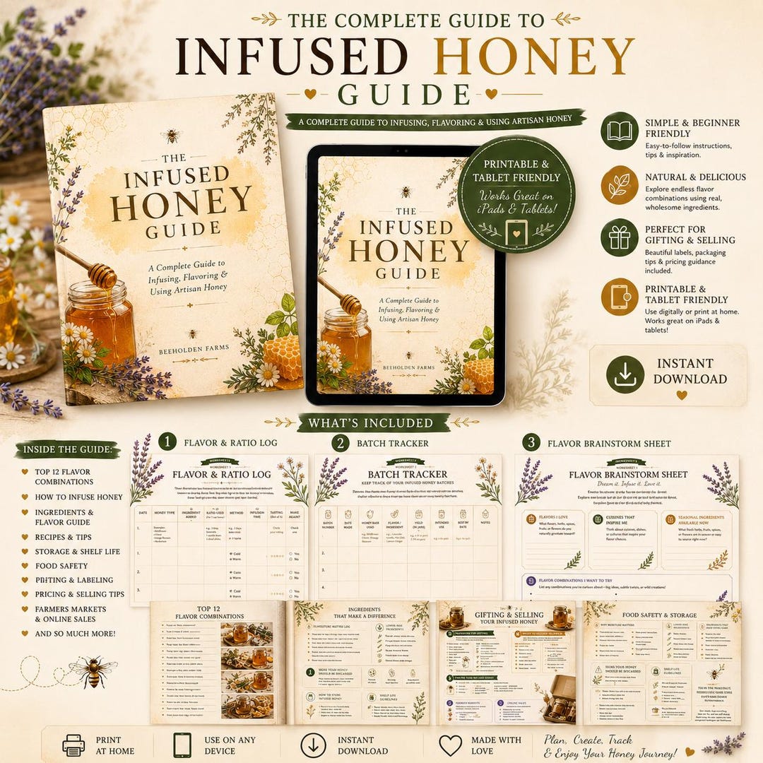 Infused Honey Guide shown on a tablet and in print with flavor combination and recipe pages