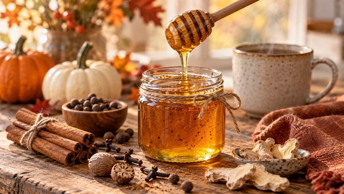 Jar of pumpkin spice infused raw honey