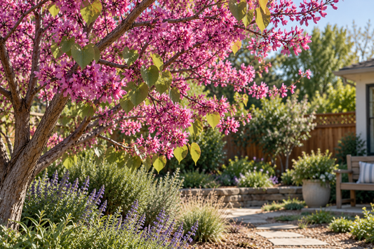 Western redbud tree in full magenta bloom in a Bay Area garden