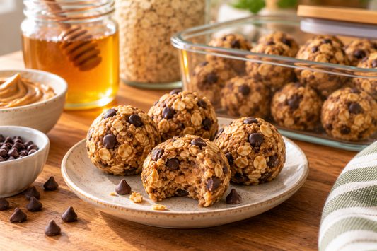 No-bake honey oat energy bites with chocolate chips on a speckled plate, one with a bite taken out, with raw honey and peanut butter behind