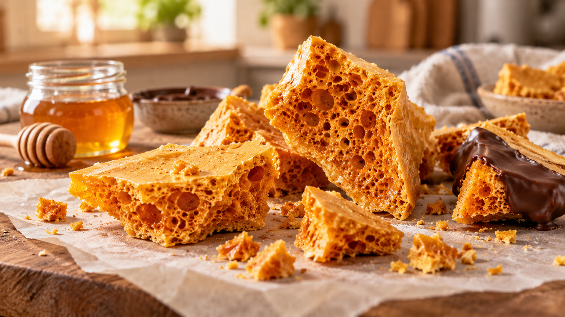 Golden homemade honeycomb candy broken into airy, crunchy pieces