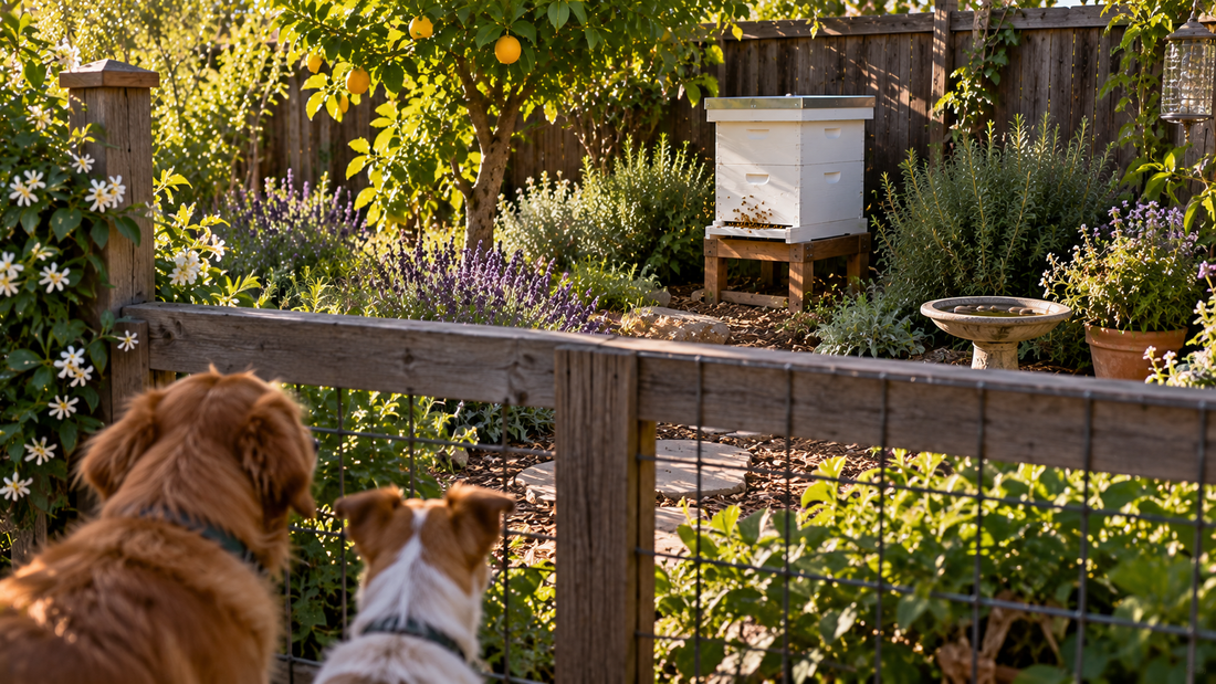 White beehive in a backyard garden surrounded by lavender and flowering herbs, with honey bees flying near the entrance.