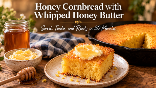 Square of honey cornbread topped with whipped honey butter, with a skillet and a jar of honey