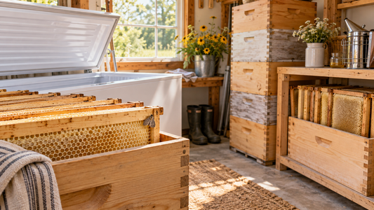 Empty honey frames stored in an open bin beside stacked hive boxes in a garage