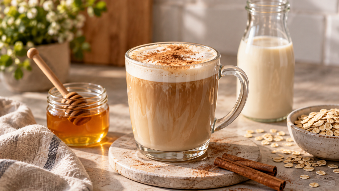 Honey oat milk latte, served hot or iced