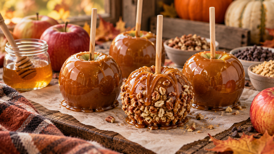 Honey caramel apples on sticks for Halloween