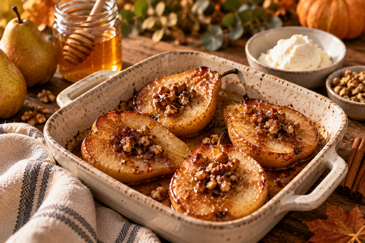 Honey-glazed baked pears with cinnamon and walnuts