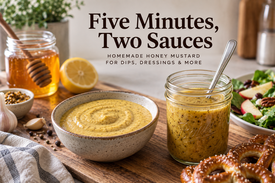 Homemade honey mustard dressing and dipping sauce made with raw honey