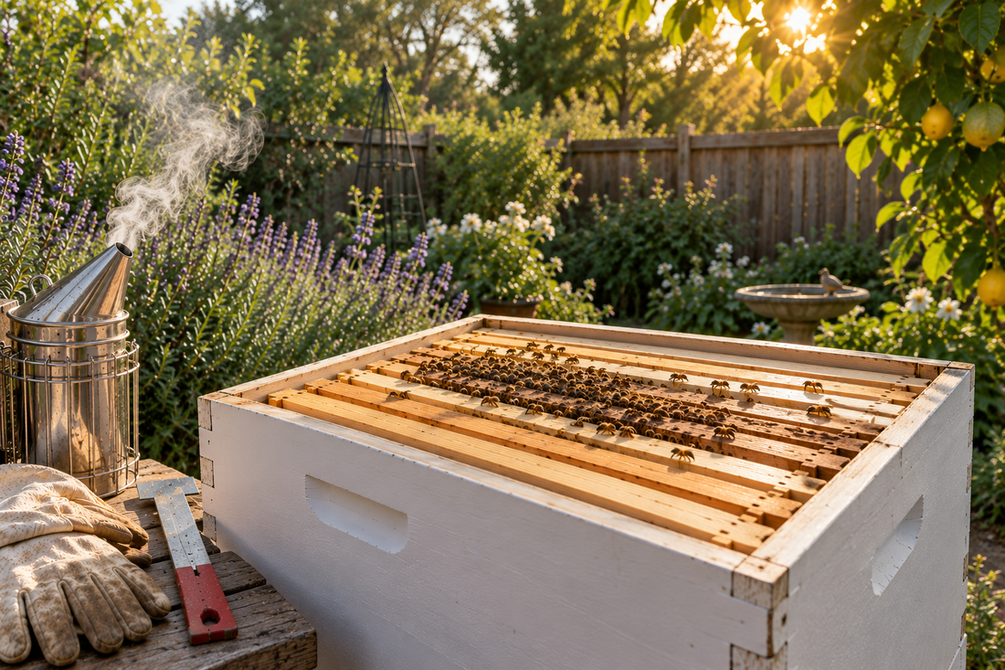 Open beehive with frames and a smoker in a backyard garden