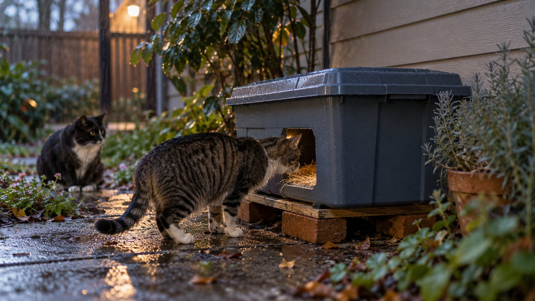 Tabby cat peeking into an insulated storage-tote cat shelter filled with straw, raised on bricks beside a house on a rainy evening