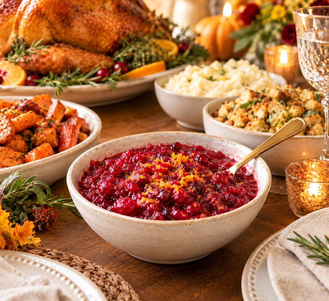 Bowl of honey orange cranberry sauce topped with orange zest on a Thanksgiving table with roast turkey, mashed potatoes, stuffing and roasted sweet potatoes