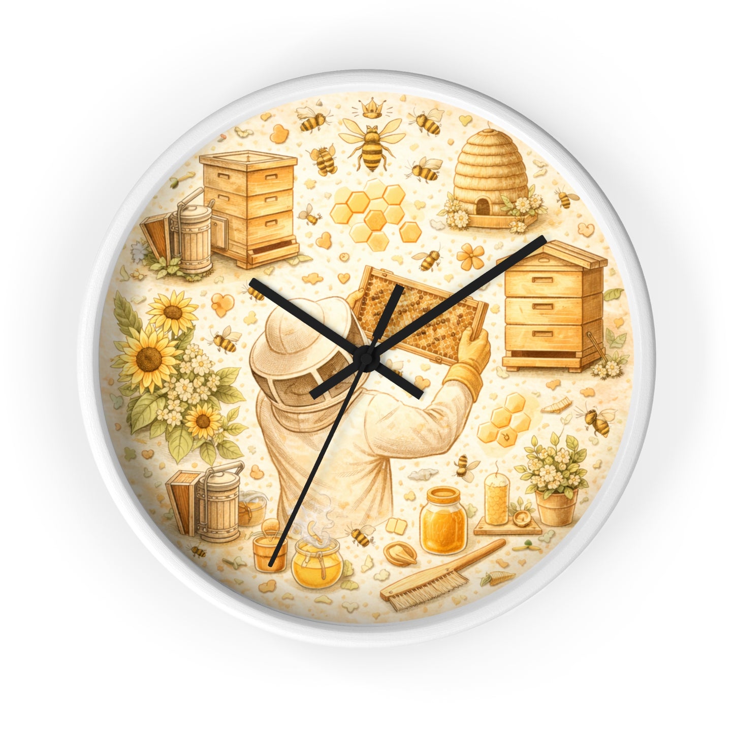Beekeeper Pattern Wall Clock | Honeybee, Hives, Sunflowers, Honey Jars