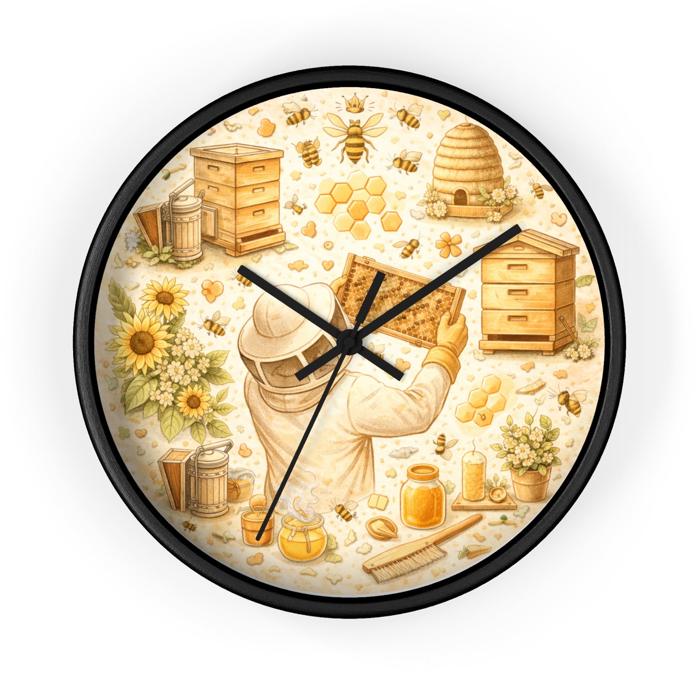 Beekeeper Pattern Wall Clock | Honeybee, Hives, Sunflowers, Honey Jars