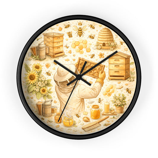 Beekeeper Pattern Wall Clock | Honeybee, Hives, Sunflowers, Honey Jars