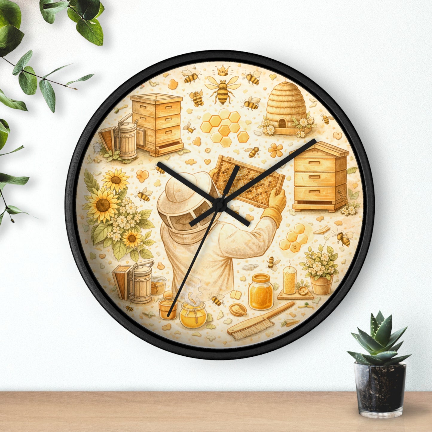 Beekeeper Pattern Wall Clock | Honeybee, Hives, Sunflowers, Honey Jars