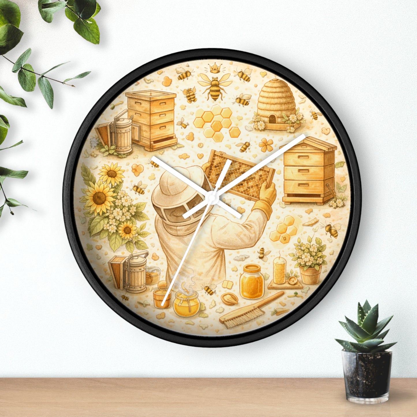 Beekeeper Pattern Wall Clock | Honeybee, Hives, Sunflowers, Honey Jars