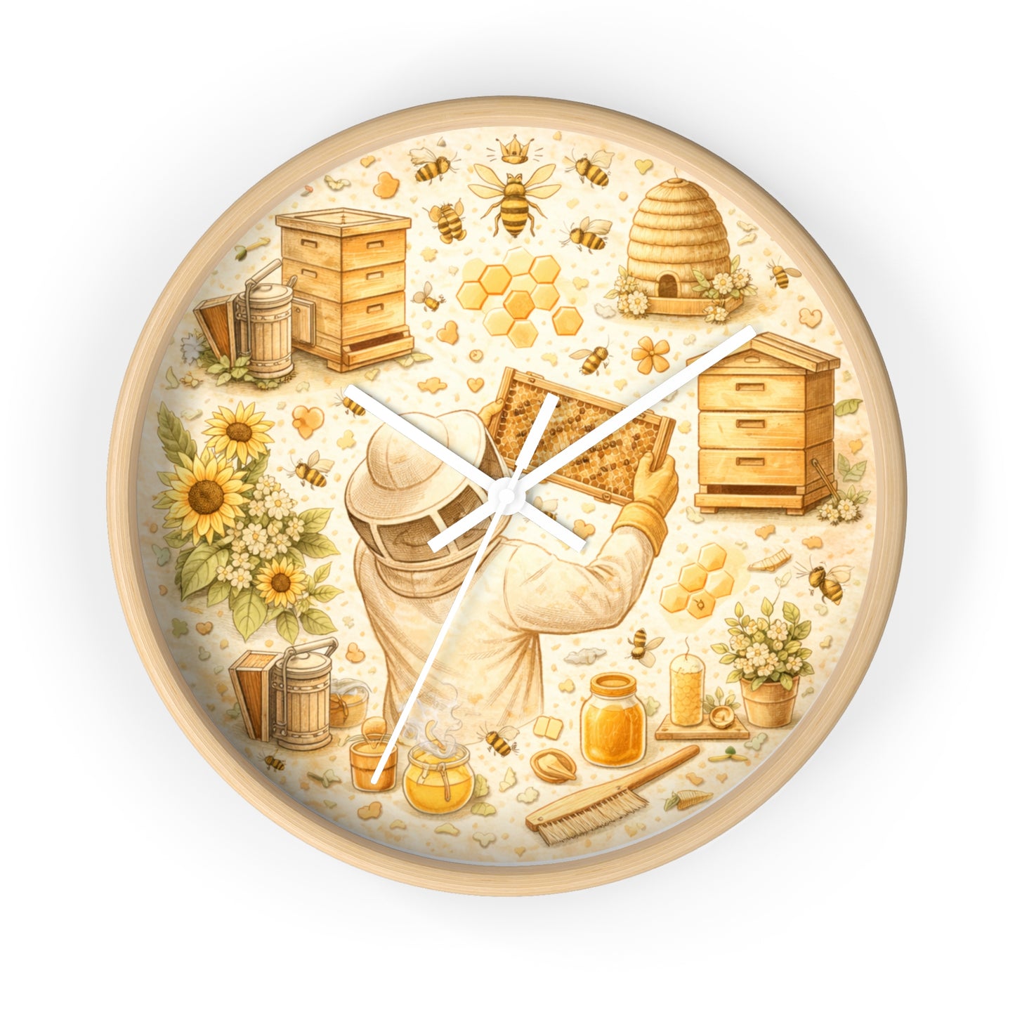 Beekeeper Pattern Wall Clock | Honeybee, Hives, Sunflowers, Honey Jars