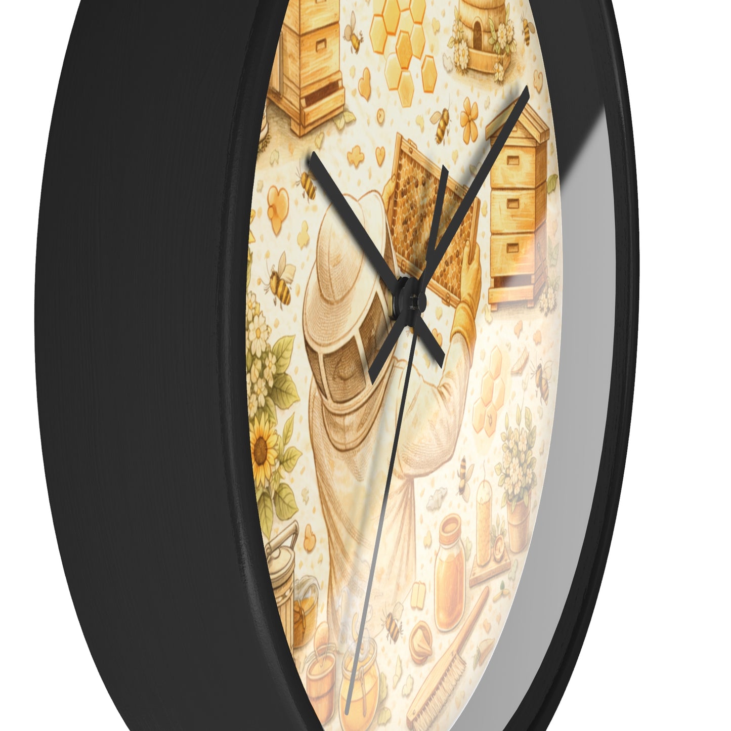 Beekeeper Pattern Wall Clock | Honeybee, Hives, Sunflowers, Honey Jars
