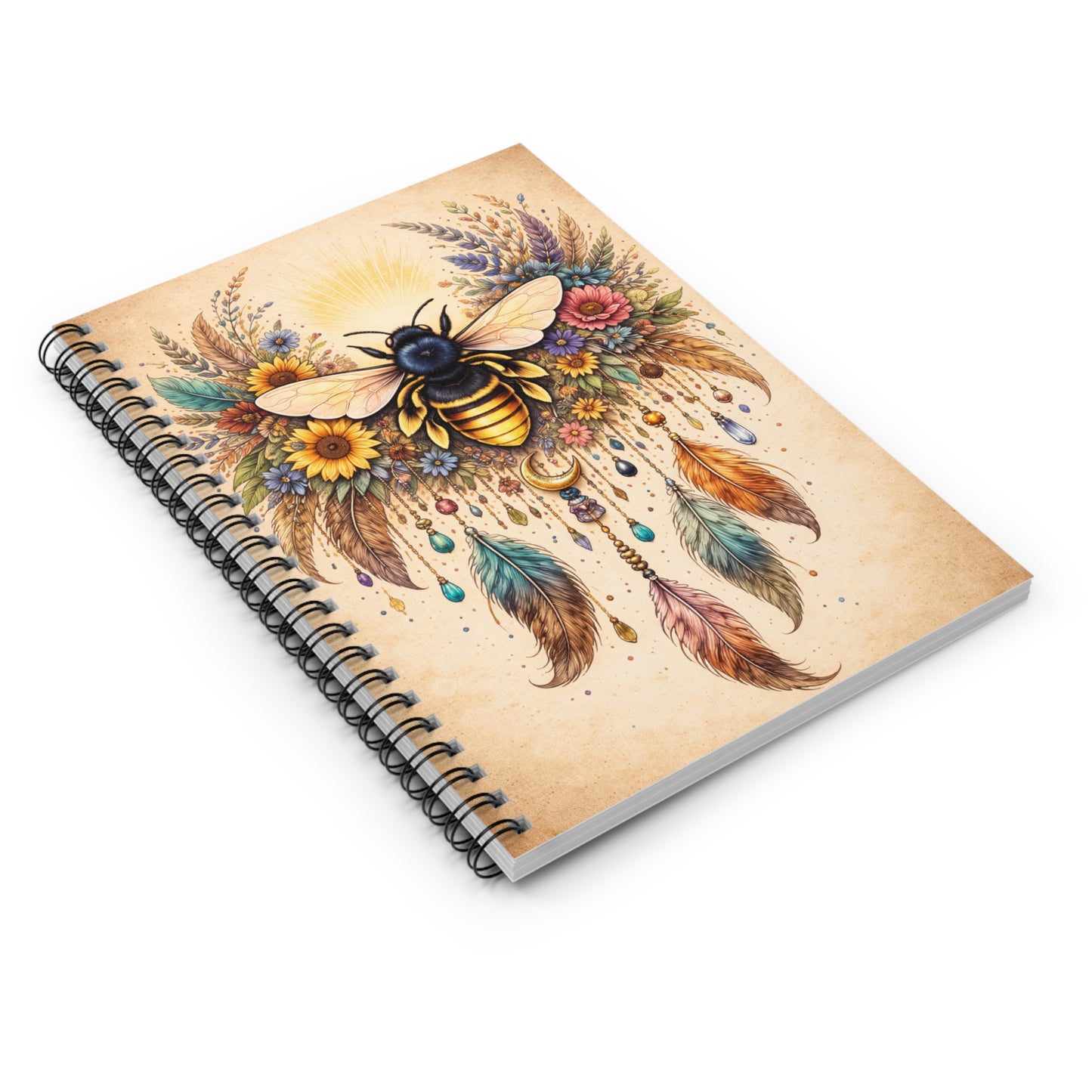 Bee Dreamcatcher Spiral Notebook | Floral Feathers Ruled Journal