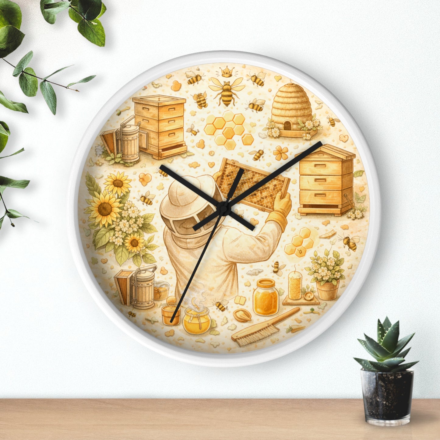 Beekeeper Pattern Wall Clock | Honeybee, Hives, Sunflowers, Honey Jars