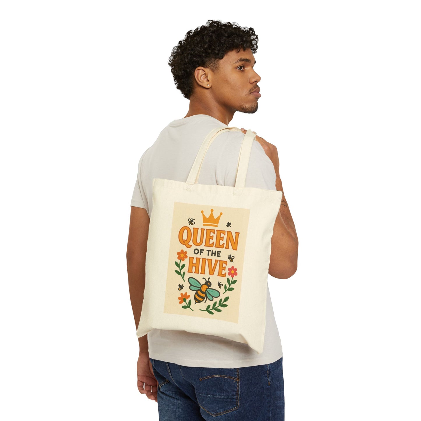 Queen of the Hive Cotton Canvas Tote Bag, Eco-Friendly Shopping Bag, Reusable Grocery Tote, Nature Lover Gift, Bee Enthusiast Bag, Floral