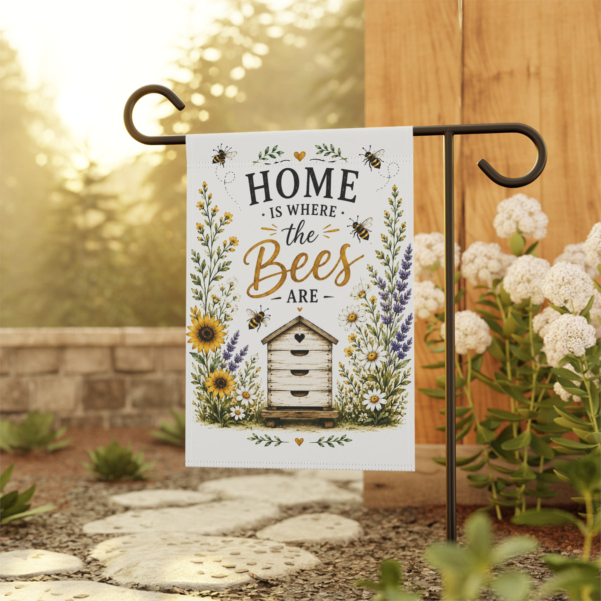 Bee Lover Garden Flag | Home Is Where the Bees Are Flag | Bee Garden Decor | Farmhouse Bee Yard Flag | 12x18 Outdoor Spring Garden Flag