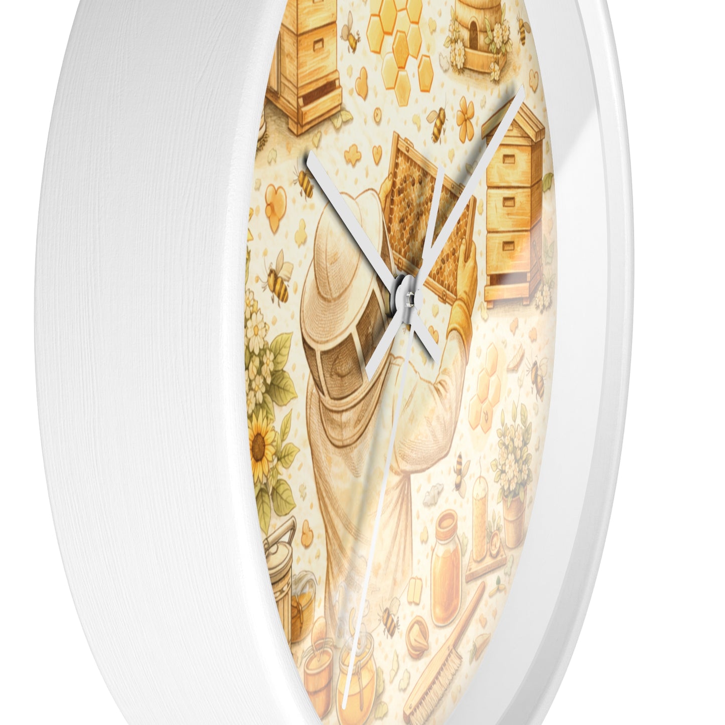 Beekeeper Pattern Wall Clock | Honeybee, Hives, Sunflowers, Honey Jars