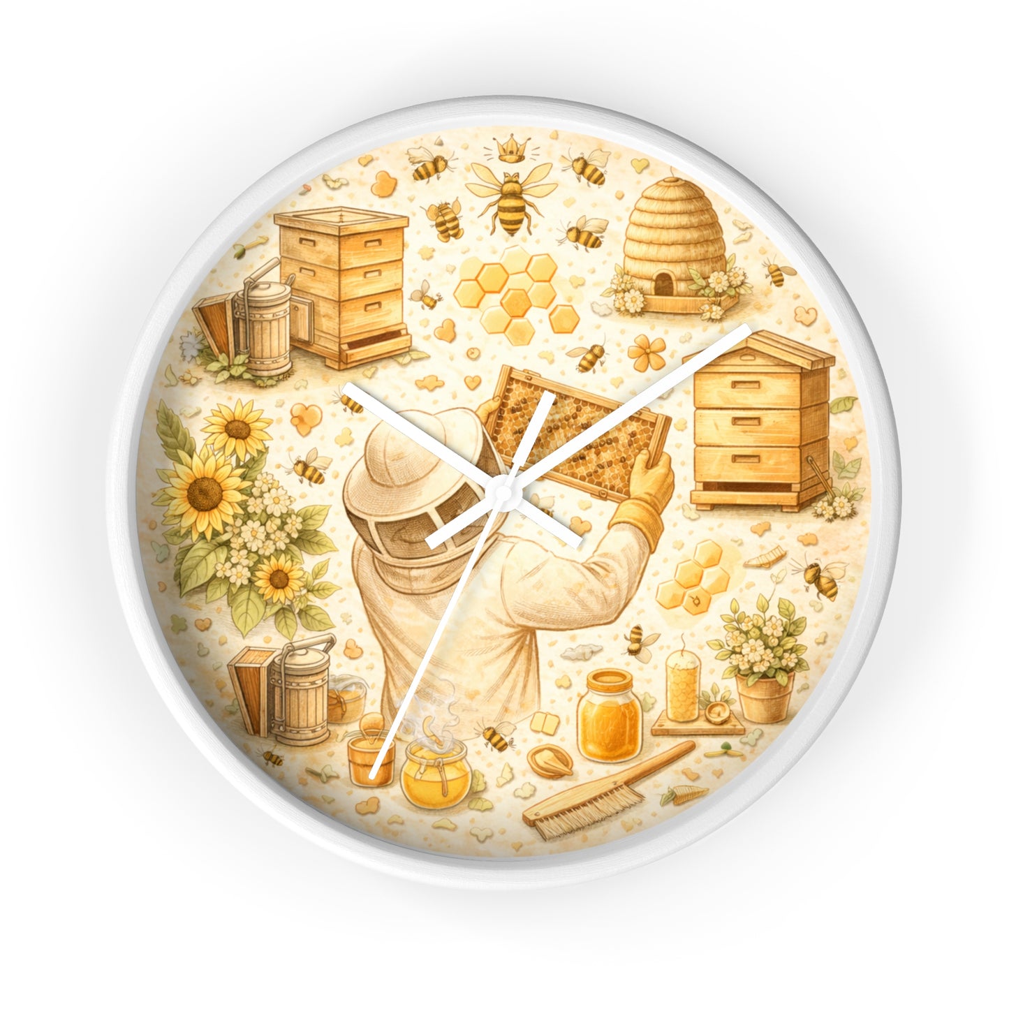 Beekeeper Pattern Wall Clock | Honeybee, Hives, Sunflowers, Honey Jars