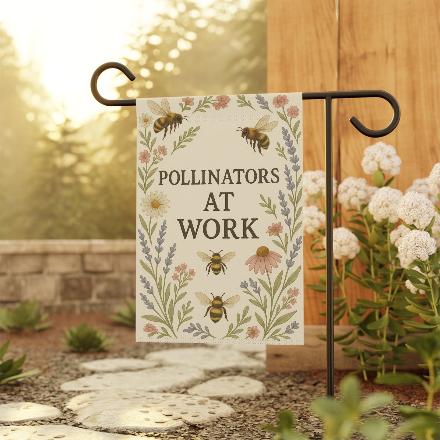 Pollinators at Work Garden Flag | Bee Floral House Banner, Spring Yard Decor