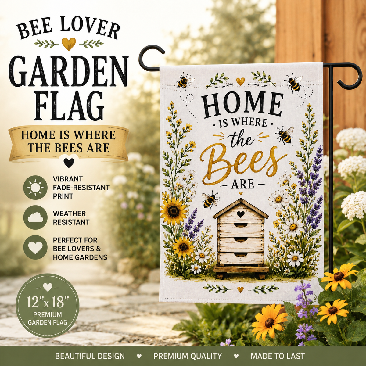 Bee Lover Garden Flag | Home Is Where the Bees Are Flag | Bee Garden Decor | Farmhouse Bee Yard Flag | 12x18 Outdoor Spring Garden Flag