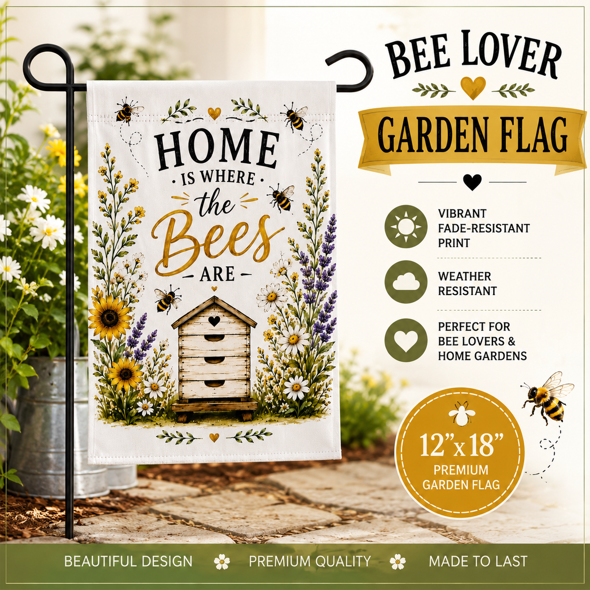 Bee Lover Garden Flag | Home Is Where the Bees Are Flag | Bee Garden Decor | Farmhouse Bee Yard Flag | 12x18 Outdoor Spring Garden Flag