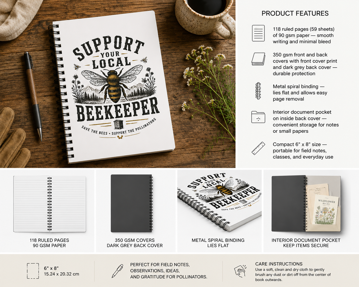 Support Your Local Beekeeper Spiral Notebook | Bee Lover Journal | Beekeeping Gift | Nature Lover Notebook | Pollinator Journal | 6x8 Ruled