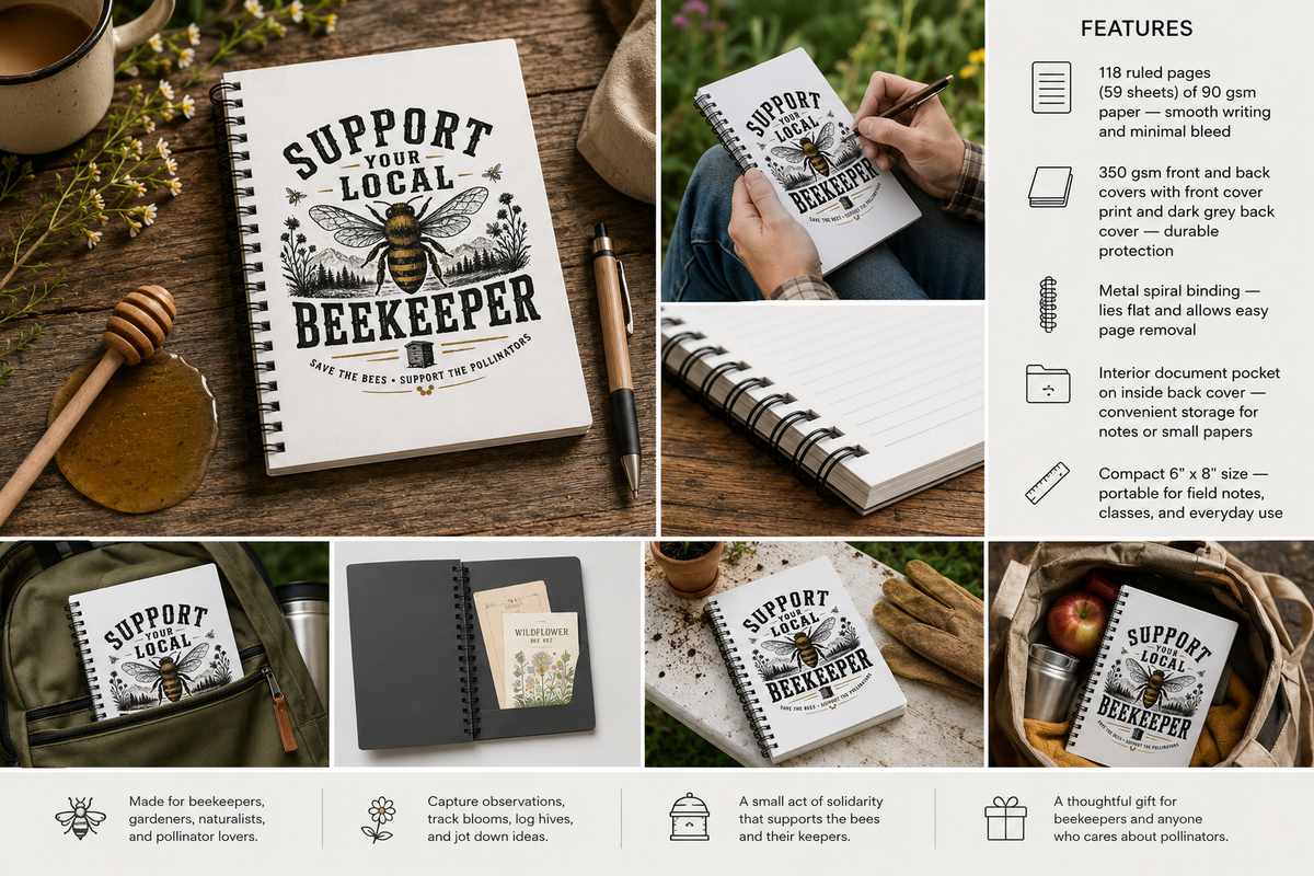 Support Your Local Beekeeper Spiral Notebook | Bee Lover Journal | Beekeeping Gift | Nature Lover Notebook | Pollinator Journal | 6x8 Ruled
