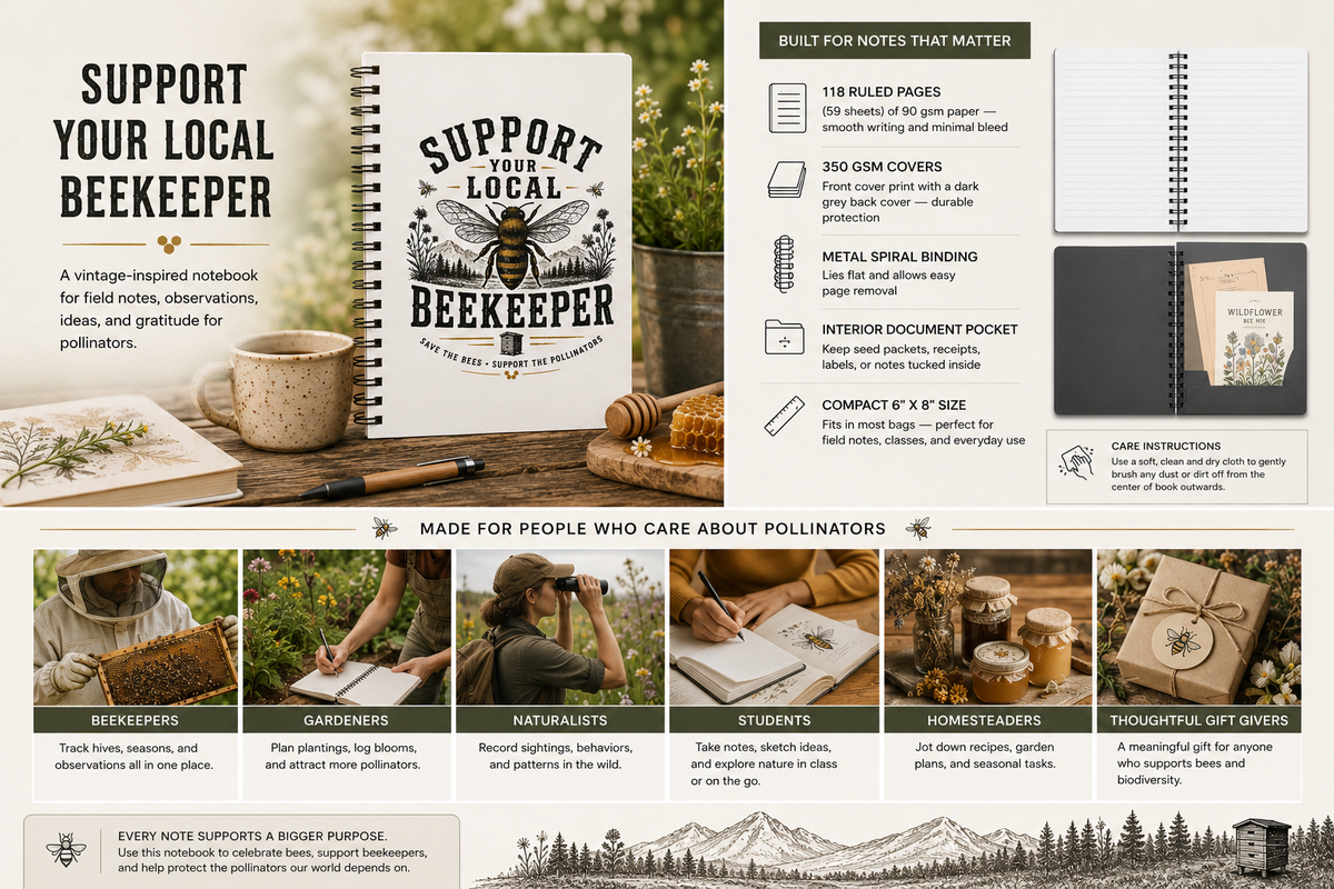 Support Your Local Beekeeper Spiral Notebook | Bee Lover Journal | Beekeeping Gift | Nature Lover Notebook | Pollinator Journal | 6x8 Ruled