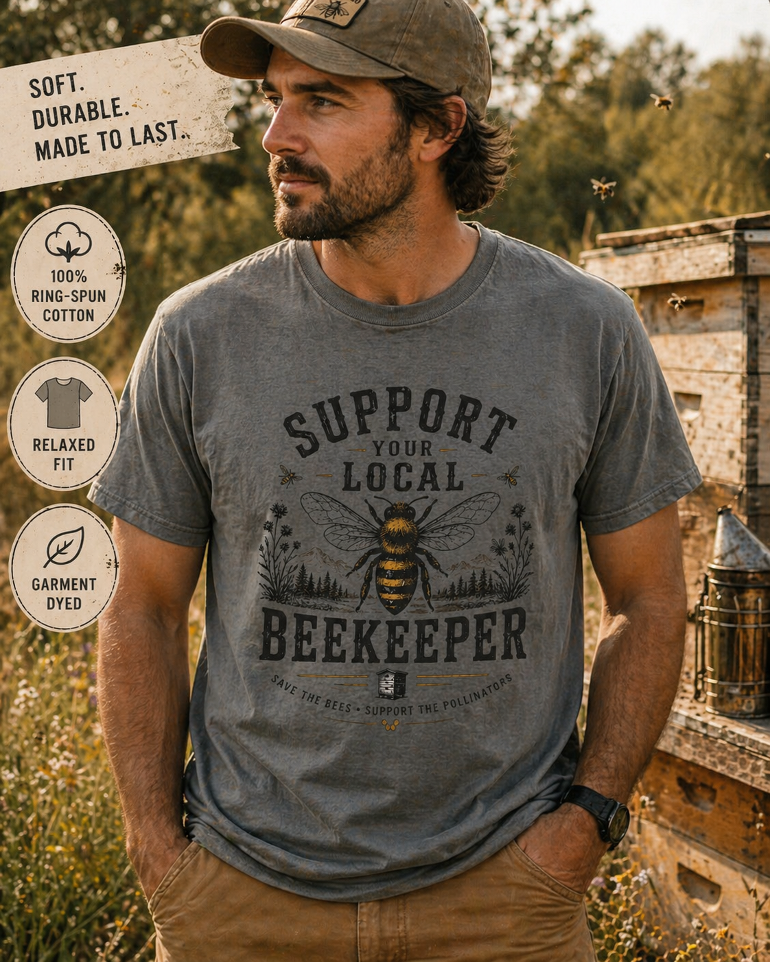 Support Your Local Beekeeper Shirt | Bee Lover Gift | Save The Bees | Vintage Bee Graphic Shirt | Unisex Garment Dyed T-Shirt | Nature Lover