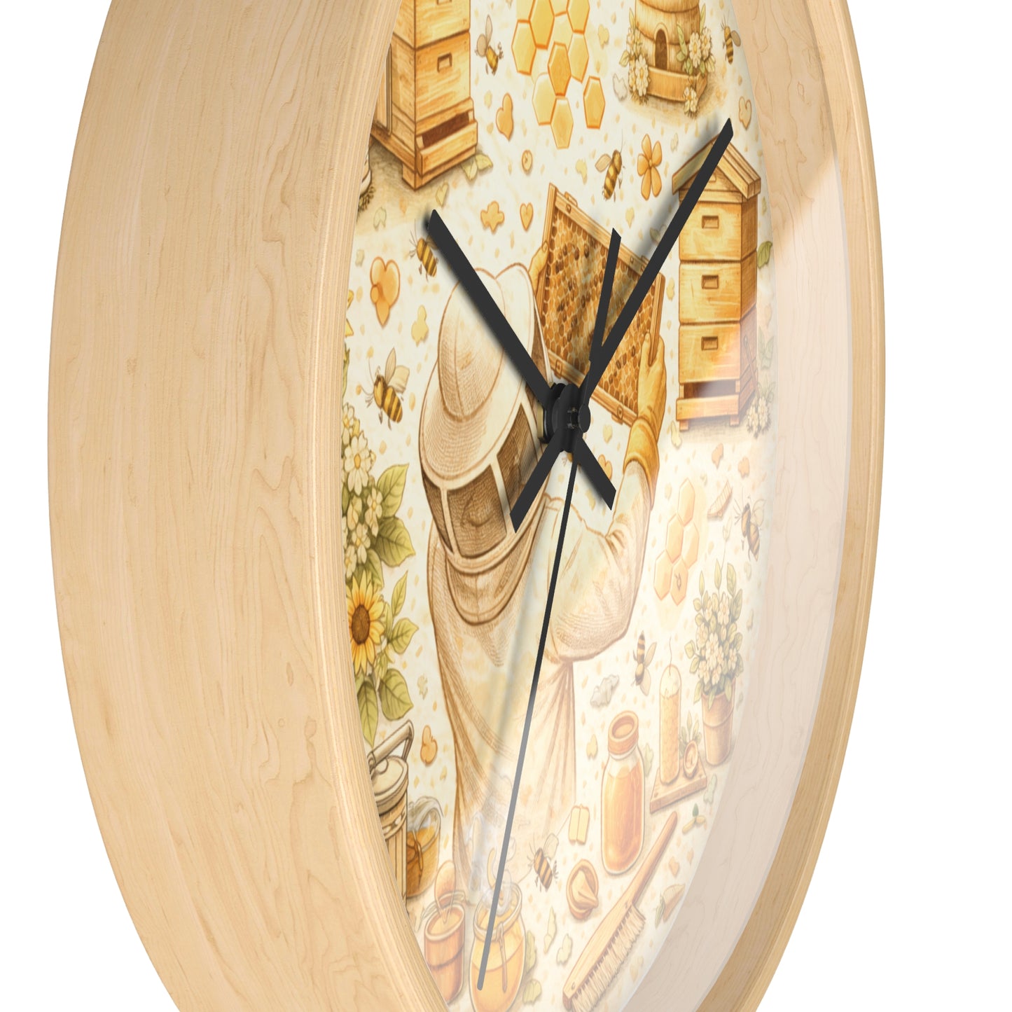 Beekeeper Pattern Wall Clock | Honeybee, Hives, Sunflowers, Honey Jars
