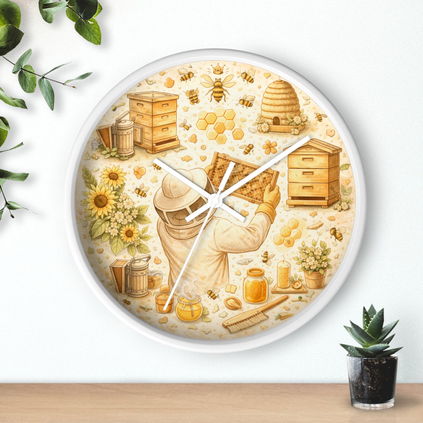 Beekeeper Pattern Wall Clock | Honeybee, Hives, Sunflowers, Honey Jars