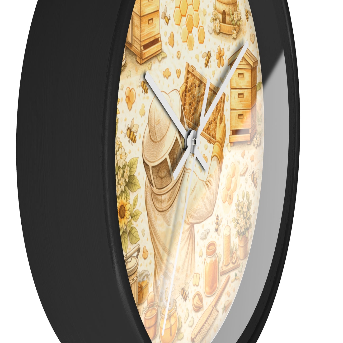 Beekeeper Pattern Wall Clock | Honeybee, Hives, Sunflowers, Honey Jars