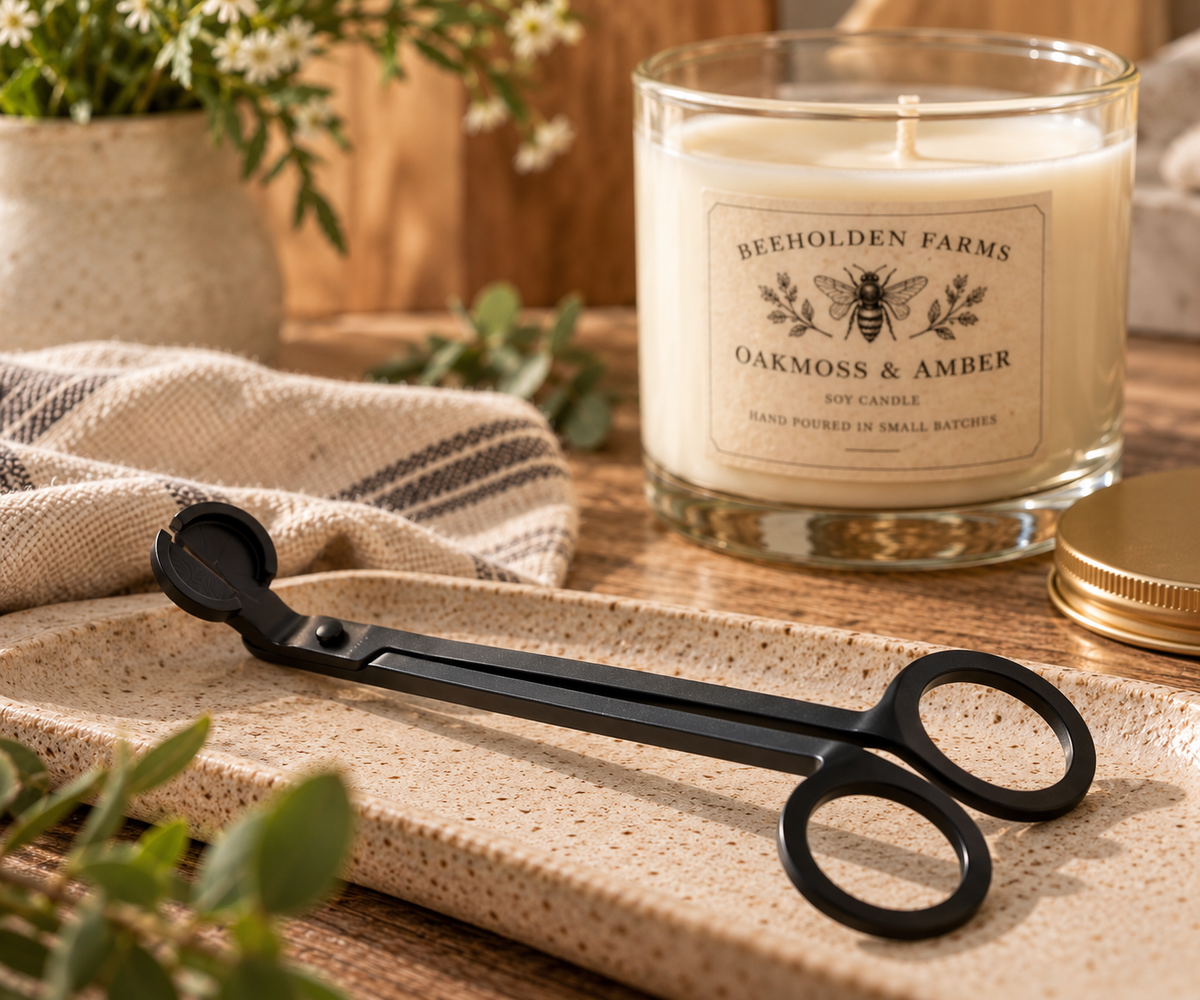 Matte black candle wick trimmer on a speckled ceramic tray beside a Beeholden Farms soy candle