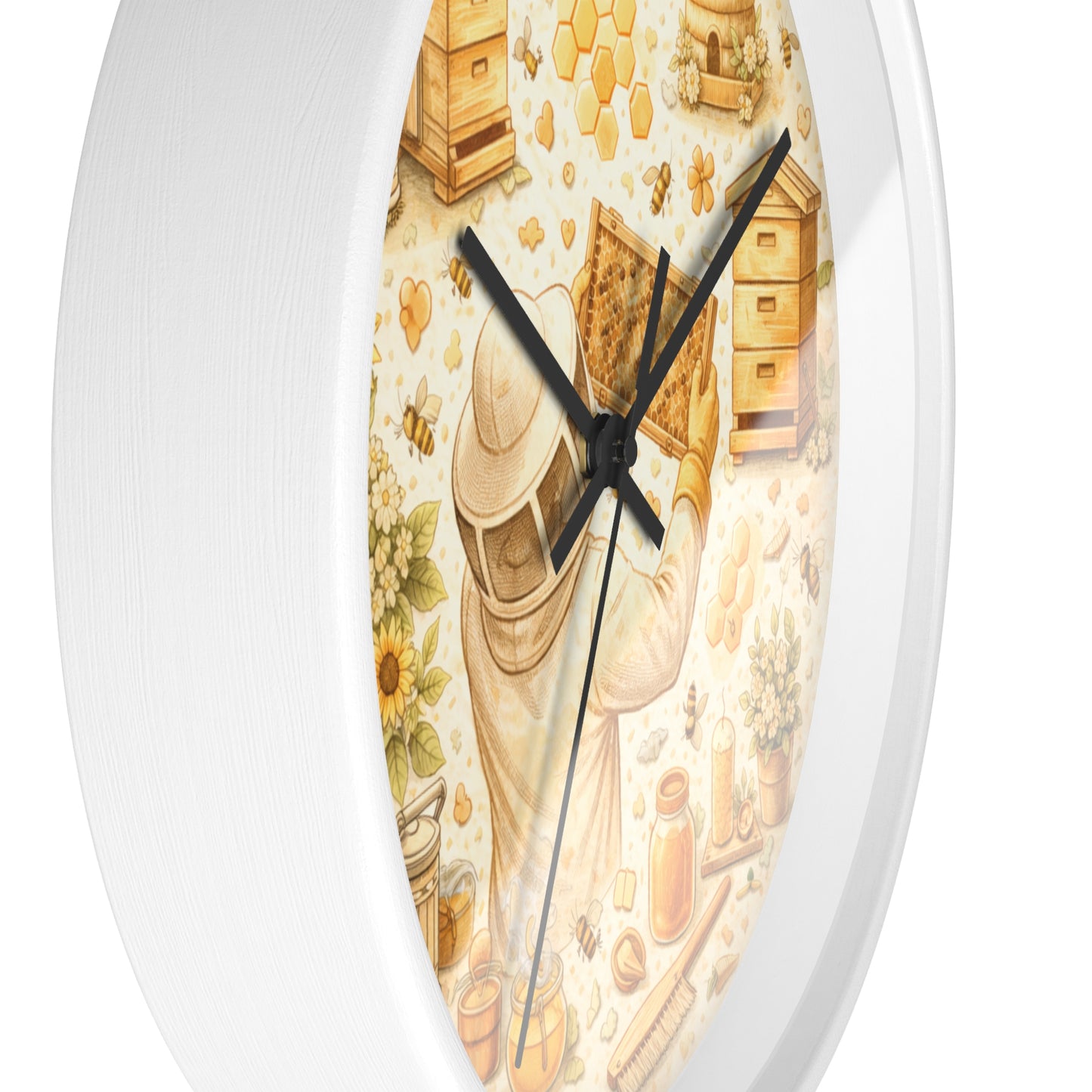 Beekeeper Pattern Wall Clock | Honeybee, Hives, Sunflowers, Honey Jars