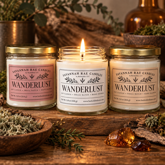Wanderlust hand-poured soy candle by Savannah Rae Candles in a glass jar with a gold lid