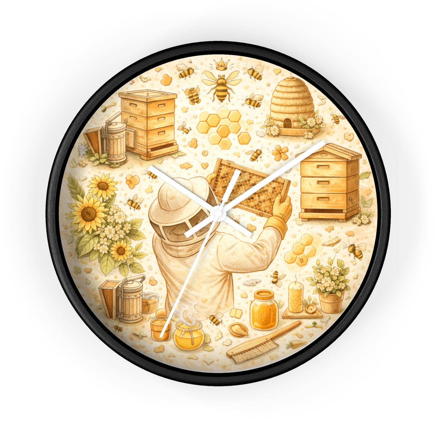 Beekeeper Pattern Wall Clock | Honeybee, Hives, Sunflowers, Honey Jars