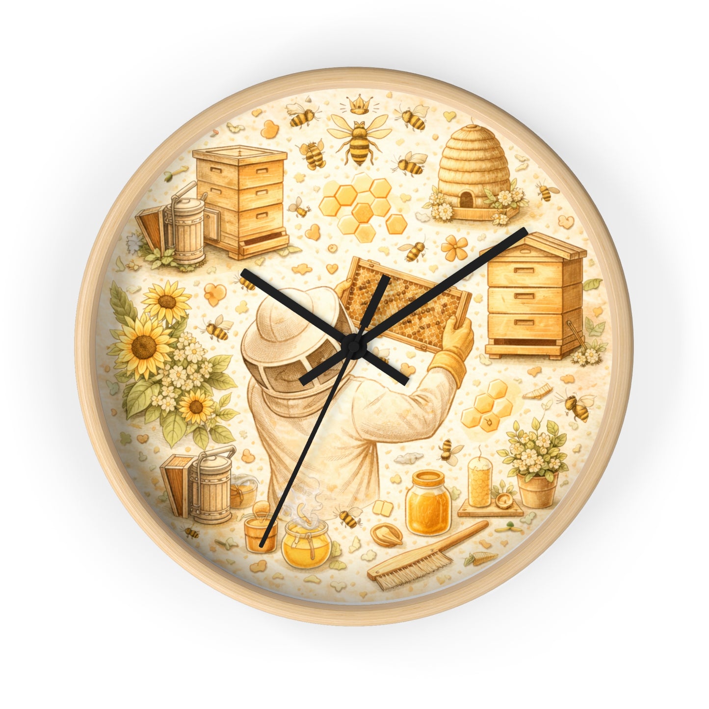 Beekeeper Pattern Wall Clock | Honeybee, Hives, Sunflowers, Honey Jars