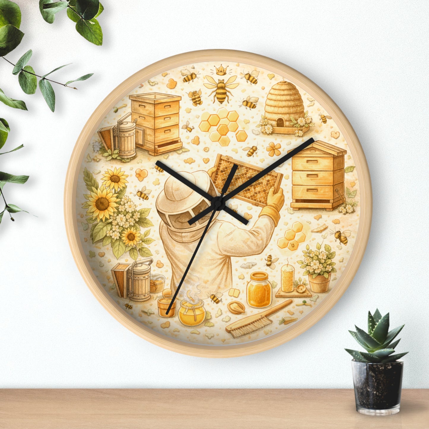 Beekeeper Pattern Wall Clock | Honeybee, Hives, Sunflowers, Honey Jars