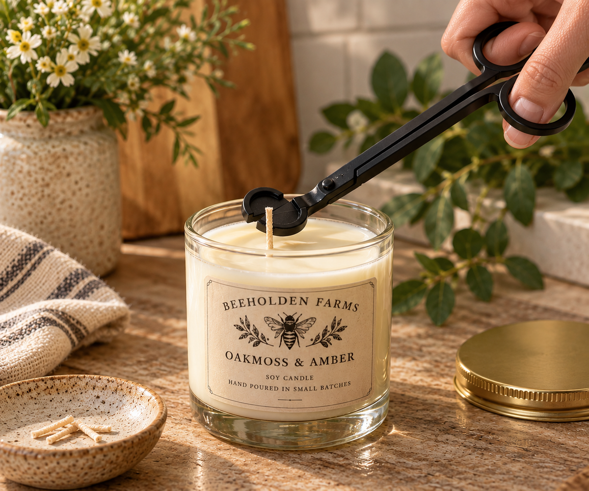 Hand using a matte black wick trimmer to reach into a glass candle jar and trim the wick