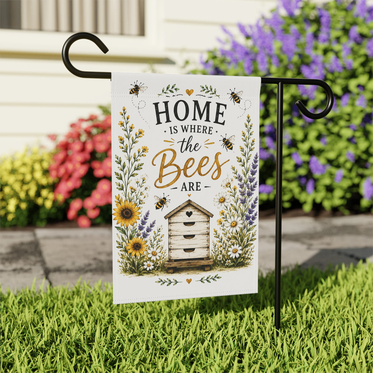Bee Lover Garden Flag | Home Is Where the Bees Are Flag | Bee Garden Decor | Farmhouse Bee Yard Flag | 12x18 Outdoor Spring Garden Flag